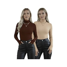 Hashtag Kadın Balıkçı Yaka Parmak Detaylı Body 2'li Set Viskon Kumaş Kahverengi Bej