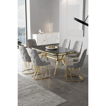 Canisa Epal Serisi 90x168 Lak Panel Siyah Mermer Desen Masa Takımı Gold Ayaklı 6 Gri Sandalye Masa Siyah Mermer Desen Sandalye Gri