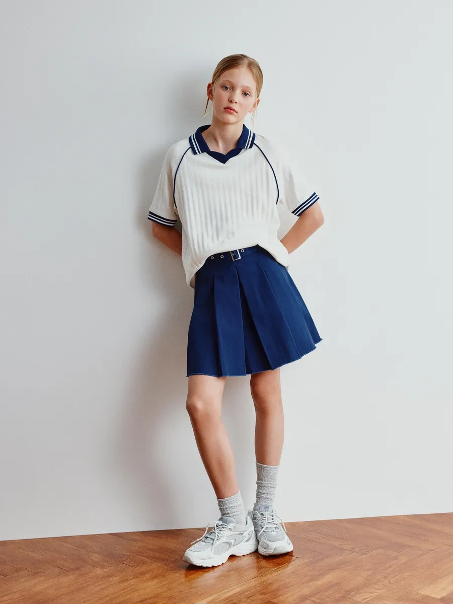 Sela Okul İçin Kemerli Fırfırlı Kısa Tweed Etek. 432694471 Mavi