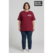 Süperlife Kadın Büyük Beden New York Baskılı Bisiklet Yaka Tshırt Spr25btsk14 Bordo