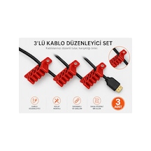 Veriqo 3d 3'lü Kablo Düzenleyici Kablo Tutucu Masa Kablo Organizeri Hdmı Usb Şarj Kablosu Düzenleme Aparatı Vidalı Kablo Sabitleyici Kırmızı