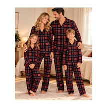 Free Beka Ekose Desenli Kırmızı Uzun Kollu Önden Düğmeli Gömlek Yaka Aile Pijama Takımı Kombini Lacivert