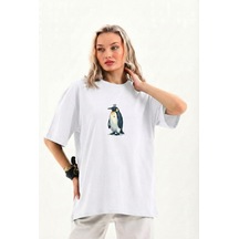 Kadın T-shirt Penguen Baskılı Bisiklet Yaka Kısa Kol Yazlık Tişört - Beyaz
