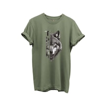Yarı Kurt Yarısı Türk Yazı Tasarım Baskılı %100 Pamuk T-shirt Haki
