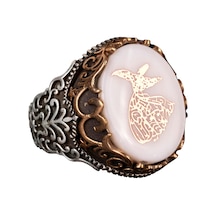 Doğal İnci Taşlı Yüzük, Mevlevi İslami Gümüş Yüzük, 925 Ayar Gümüş Erkek Yüzük Gümüş