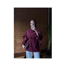 Moonsc Kadın Rahat Kesim Pelerinli Bel Bağlamalı Bordo Tesettür Tunik