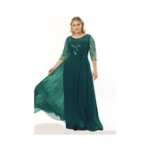 Ladies First Büyük Beden 3855 Zümrüt Uzun Abiye Elbise 001