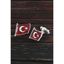Gümüş Türk Bayraklı Mineli Kol Düğmesi -5708 Gümüş