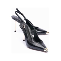Mubiano Kadın Stiletto Sivri Burun Metal Burun Detaylı Arkası Açık Topuklu Ayakkabı Violeta Siyah Siyah