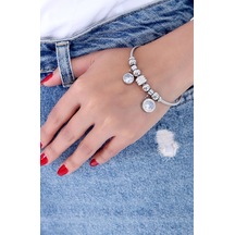 Kadın Gümüş Renk Taşlı Çelik Bileklik Altın Kaplama