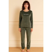 Kadın 13166-2782 Uzun Kol Kadife Pijama Takımı Yeşil Yeşil
