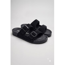 Premium Unisex Süet Görünümlü Çift Tokalı Rahat Anatomik Terlik Siyah