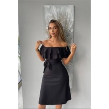 DefyModa Kadın Şık Detay Krep Kumaş Kayık Yaka Kuşaklı Abiye Elbise Siyah