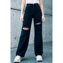 Woddi Bella Siyah Salaş Dizi Yırtık Rahat Kesim Palazzo Jeans Kot Pantolon