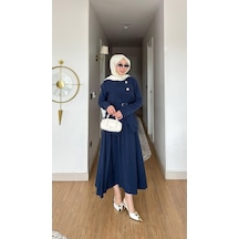 Esra Butik78 Lacivert Tensel Kumaş Kemer Detaylı Etekli Tesettür Takım Düğme Aksesuarlı Şık Kadın Takım