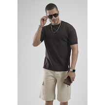 King Brich Slim Fit Kalıp Kolu Ribanalı Basic %100 Pamuklu Tişört Kahverengi