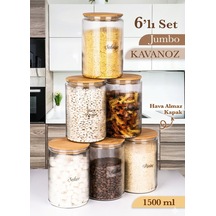 6 Lı Etiketli Cam Kavanoz Seti Büyük Bambu Vakum Kapak Çizgili Erzak Un Bakliyat Saklama Kabı 1,5l Şeffaf