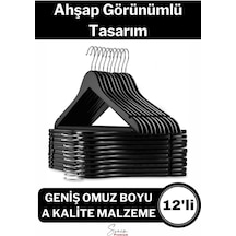 Premium Ahşap Görünümlü Kırılmaz Dayanıklı Plastik A Kalite Siyah Kıyafet Elbise Askı 12'li