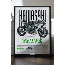 Kawasaki Ninja H2 R Siyah Ahşap Çerçeveli Poster, Dekoratif Motosiklet Duvar Tablosu