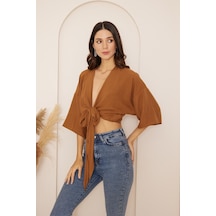 Darlin Moda Kahverengi Önden Bağlamalı Crop Kimono Dm7004 Kahverengi
