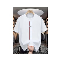 Caddemia Yaz Moda Rahat Gevşek Klasik Paris Mektubu Baskılı Spor Yuvarlak Boyun Kıs Beyaz 2XL