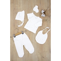 Sitilin Kız Bebek Natural Pamuk Kumaş 5 Li Lüks Hastane Çıkışı Seti Stl6872 Beyaz