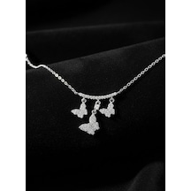 925 Ayar Rodyum Zirkon Taşlı Sallantılı 3'lü Kelebek Charmlı Gümüş Kolye Gümüş - Rodyum