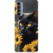 Oppo Reno 4 Pro Uyumlu Sarı Çiçekler Ve Kara Kedi Desenli Silikon Kılıf