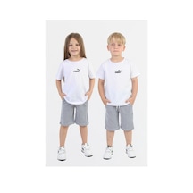 Unisex Çocuk Beyaz Logo Baskılı Tişört Ve Yeşil Çizgili Şort Yazlık İkili Takım Lacivert