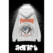 Startmore Unisex Oversize Kapüşonlu Kanguru Cepli Thrasher Baskılı Sweatshirt Hoodie Beyaz Beyaz