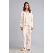Defacto Regular Fit Çiçekli Uzun Kollu Üst Geniş Kesim Alt 2li Pijama Takım I5522ax26aubg824 Bej-bg824