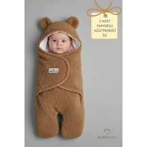 Babyden's 0-12 Ay Welsoft Peluş Bebek Dış Kundak - Uyku Tulumu Ayıcık Kulaklı İçi %100 Pamuk Astarlı Battaniye Kahverengi