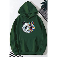 Medinenur Panda Baskılı Kapüşonlu Sweatshirt Yeşil