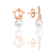 Söğütlü Silver Gümüş Rose Zirkon Taşlı İncili Ay Yıldız Kombin Küpe