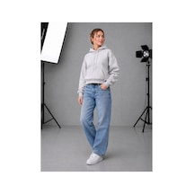 Herkesemoda Kadın Cepli Kapüşonlu 2 İplik Şardonlu Crop Boy Oversize Sweatshirt Gri