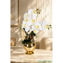Yapay Çiçek Sitesi Metal Altın Küre Saksıda Orkide Tanzimi 43 Cm Beyaz Naturel
