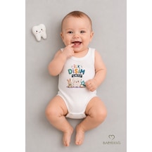 Babyden's Diş Buğdayı Body %100 Pamuk İlk Dişim Çıktı Baskılı Kolsuz Bebek Body Çıtçıtlı Unisex Yenidoğan Zıbın Beyaz