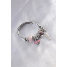 Çelik Charm Model Pembe Kelebek Figür Tüy Detay Zirkon Taşlı Kadın Bileklik
