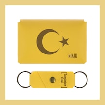 Miaju Sarı Renk, Ay Yıldız Motifli, İsme Özel Cüzdan Ve Anahtarlık Seti, Çok Değerli Sevgiliye Hediyelik Sarı