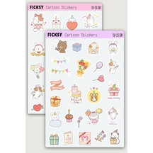 Kawaii Stili Sevimli Hayvanlar Doğum Günü Temalı Sticker Seti - 44 Adet Etiket Çıkartma Diğer