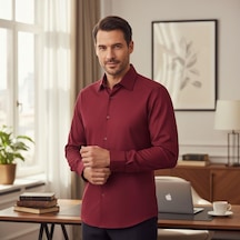 Klasik %100 Cotton Uzun Kollu Terletmeyen Kışlık Gömlek Slim Fit Kalıp Kırmızı