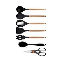 Siyah Bambu Silikon 7'li Mutfak Seti, Kepçe, Kaşık, Kevgir, Makarna Kepçesi, Spatula, Makas Diğer