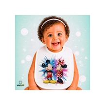 Mickey Ve Minnie Keten Bebek Mama Önlüğü Yumuşak - Emici - Yıkanabilir - Özel Tasarım P131 Çok Renkli