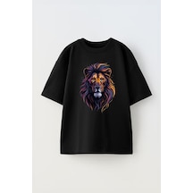 Thewert Unisex Aslan Kral Tasarım Baskılı Pamuk Sıyah Oversize T-shirt Siyah