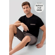 Arnetta 3687 %100 Pamuk Erkek Kısa Kol 3 Lü Şortlu Pijama Takımı Kutulu Siyah