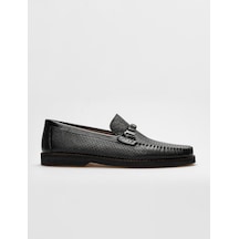Cabani Hakiki Deri Siyah Lazer Detaylı Erkek Loafer-siyah Siyah