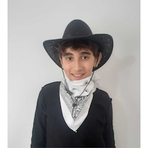 Uniquetrenders Çocuk Unisex 8 - 14 Yaş Süet Kovboy Şapkası Beyaz Bandana Hediye Koruma Kutulu Gönderim Siyah