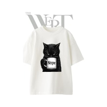 Thewert Nope Kedi Tasarım Baskılı Ünisex Beyaz Oversize T-shirt