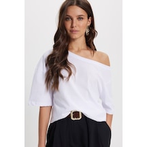 Tudors Kadın Slim Fit Dar Kesim %100 Pamuk Kayık Yaka Kısa Kollu Beyaz Tişört-50839