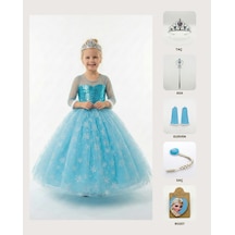 Butikhappykids Frozen Elsa Kostümü Uzun Kollu Kız Çocuk Prenses Elbisesi Taç+asa+saç+eldiven+rozet Hediyeli Mavi